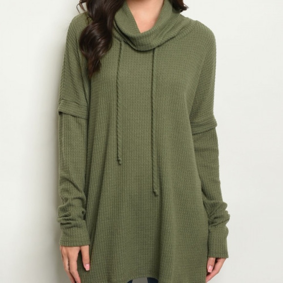 WAFFLE KNIT COWL NECK TUNIC TOP - Picture 2 of 8